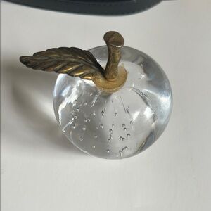 Crystal Apple Paperweight with Brass Stem and Leaf